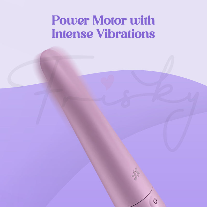 Close-up of lilac Satisfyer Bullet 8 tip showcasing powerful motor for strong vibrations.