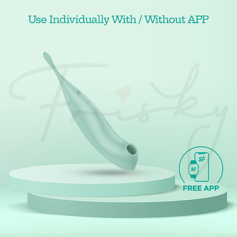 Twirling Pro+ vibrator shown in use with app control option highlighted beside device.