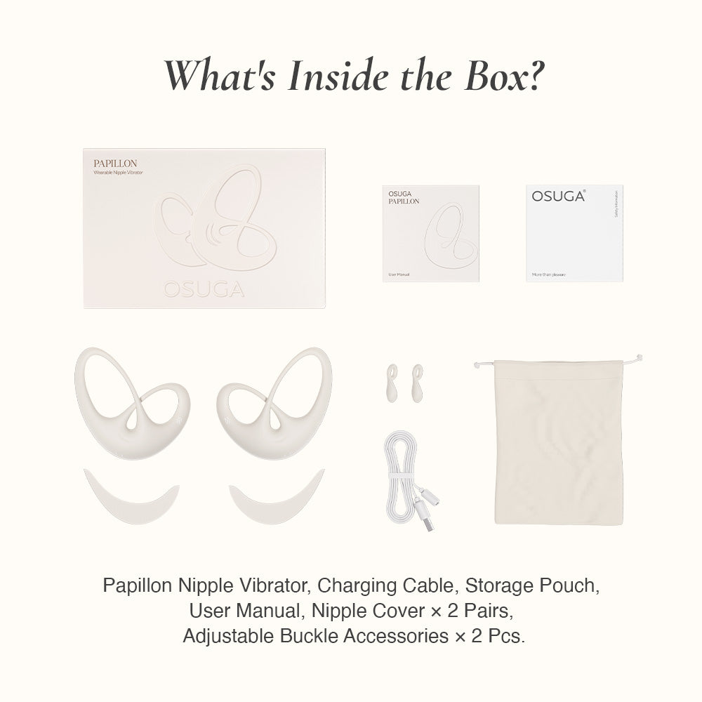 Flat lay showing Osuga Papillon vibrator, magnetic USB charger, pouch, user manual, and packaging contents.