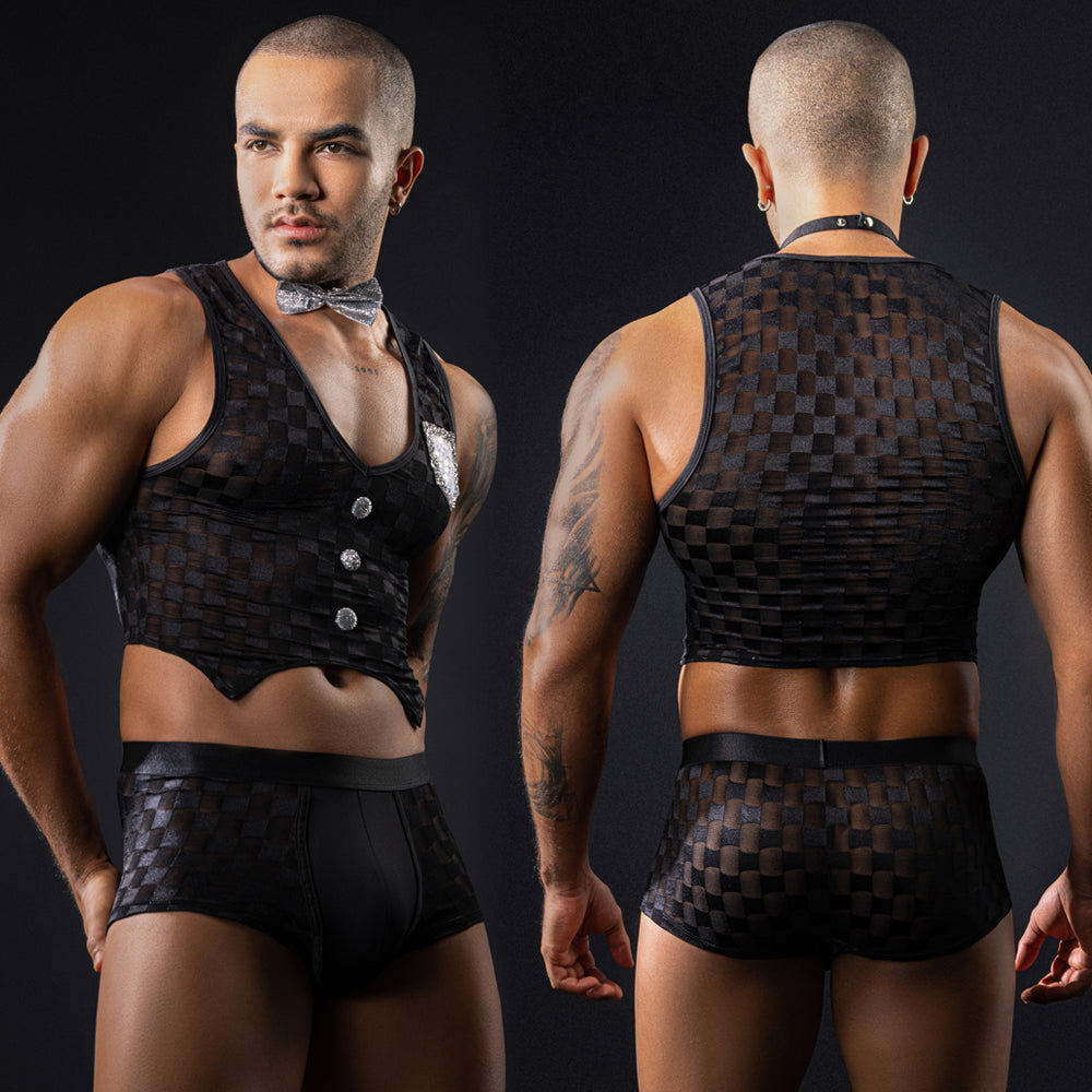 Gentsuit - 3 Pcs Checker Designed Male Waiter Costume with Boxer and Sexy Neck Collar