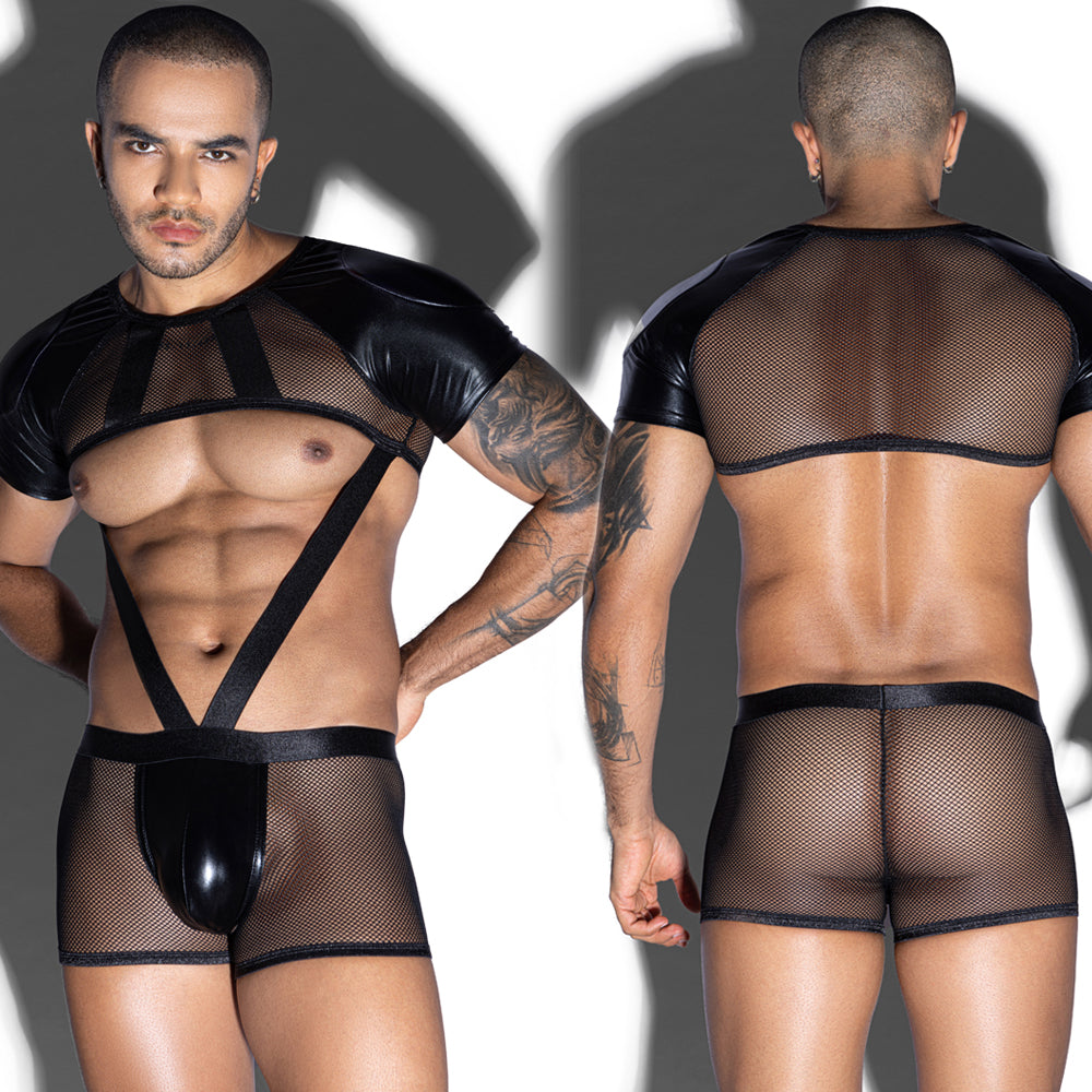 Gentsuit - 2 Pcs Semi Transparent Fishnet Underwear and Elastic Waist Cut In Designed Men Sleepwear