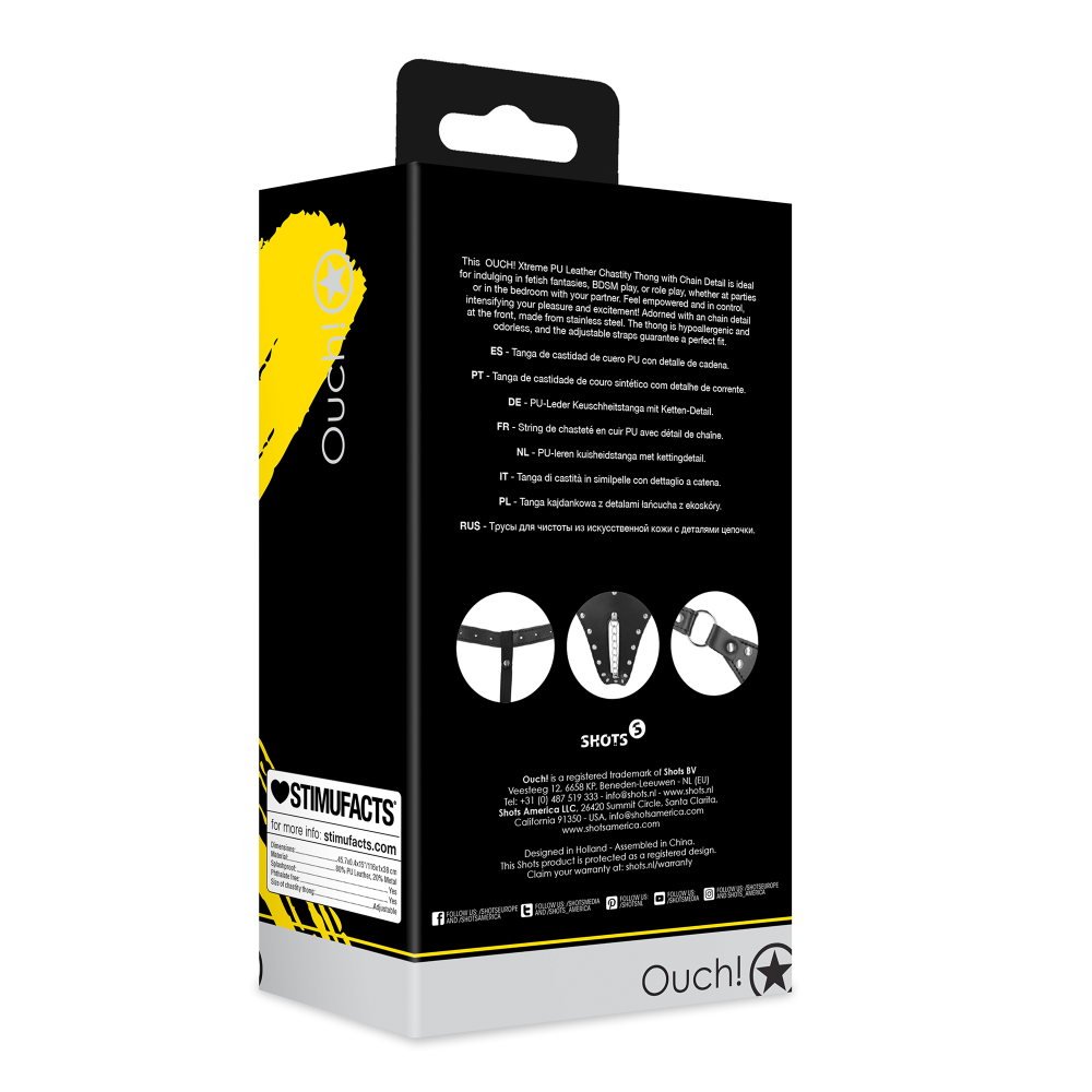 SHOTS Ouch! PU Leather Chastity Thong with Chain Detail