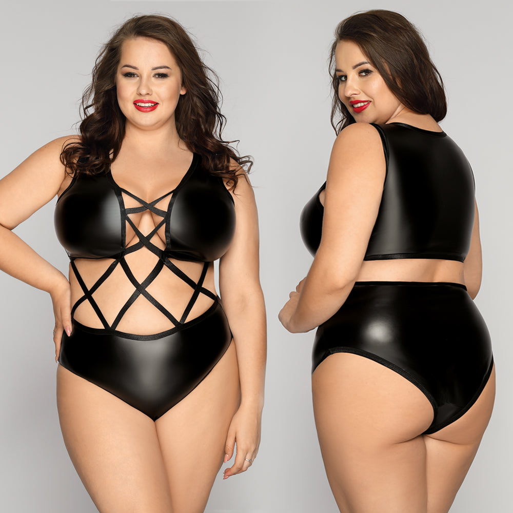 PLUS SIZE Bodysuit - 1 Pc Black Faux Leather Women's Lingerie with Crisscross Detailing Strappy Front and Sleeveless Cut