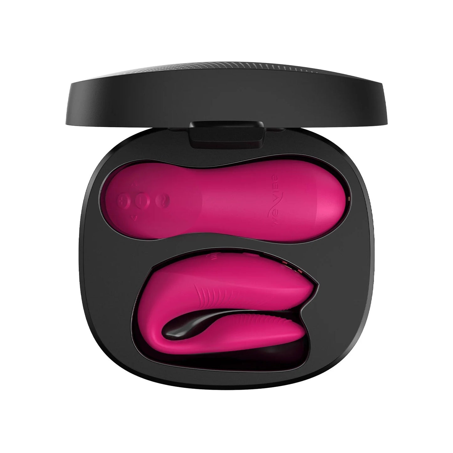 Electric pink We-Vibe Chorus Pro and gray charging case displayed side by side