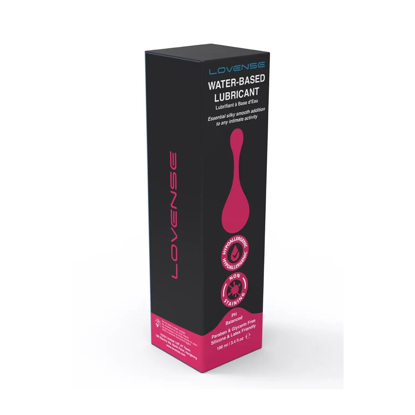 Black and pink lubricant product box standing upright against white background.