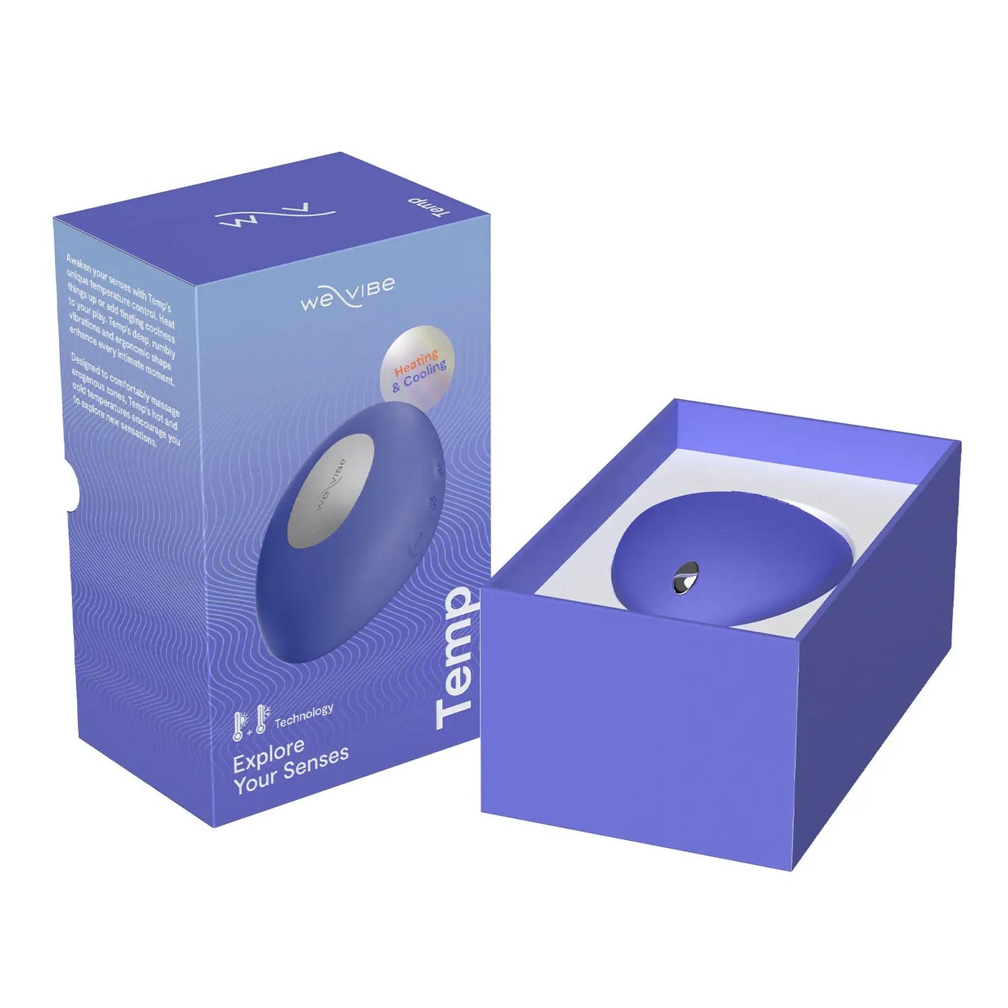 Open We-Vibe Temp packaging showing lavender blue vibrator inside the box.