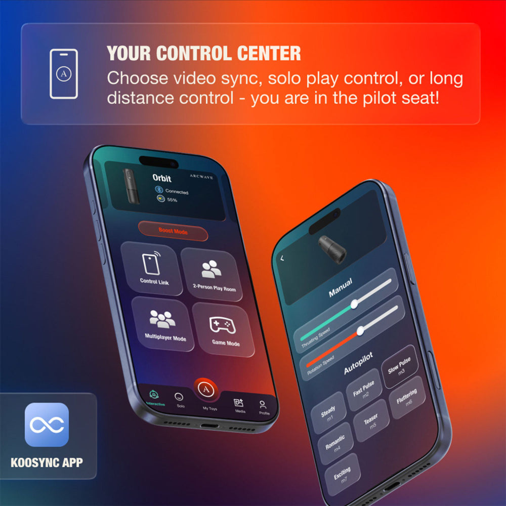 Two smartphone screens displaying a control center app with a gradient background