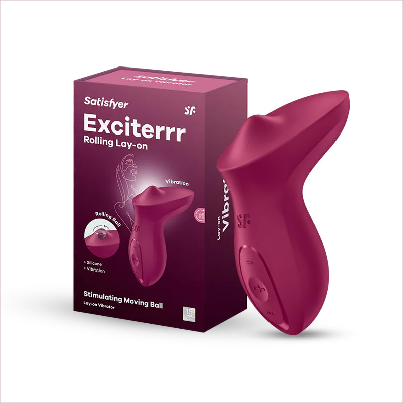Satisfyer Exciterrr rolling lay-on vibrator in burgundy with packaging box beside it.