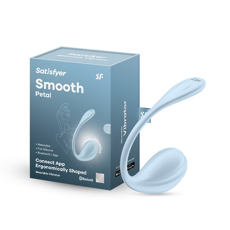 Light Blue Satisfyer Smooth Petal vibrator displayed beside its retail packaging box on white background.
