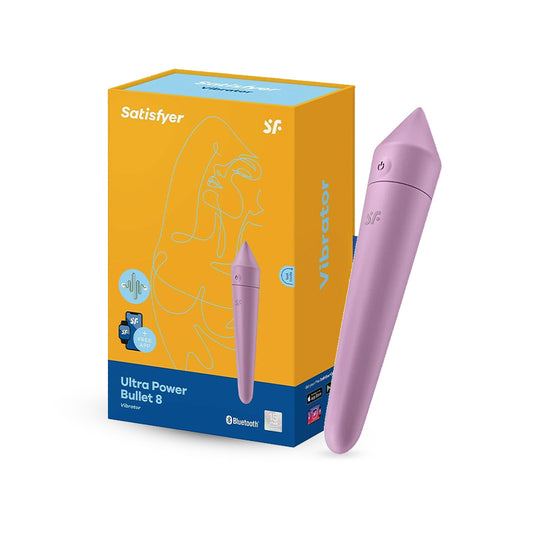 Satisfyer Ultra Power Bullet 8 in lilac with packaging box showing product details.