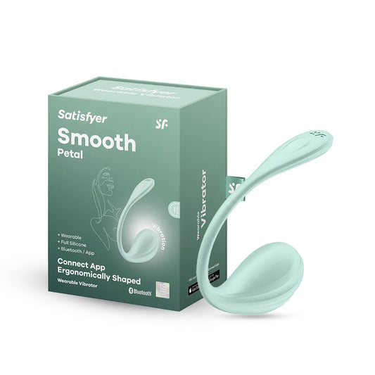Mint green Satisfyer Smooth Petal vibrator displayed beside its retail packaging box on white background.