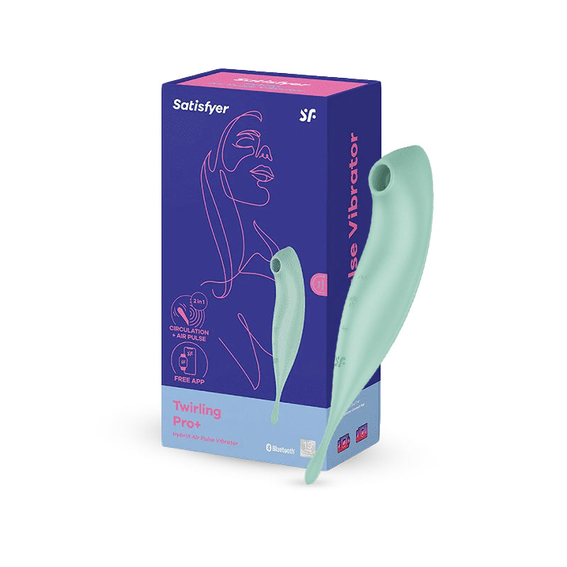Satisfyer Twirling Pro+ mint vibrator shown with box packaging in deep blue.