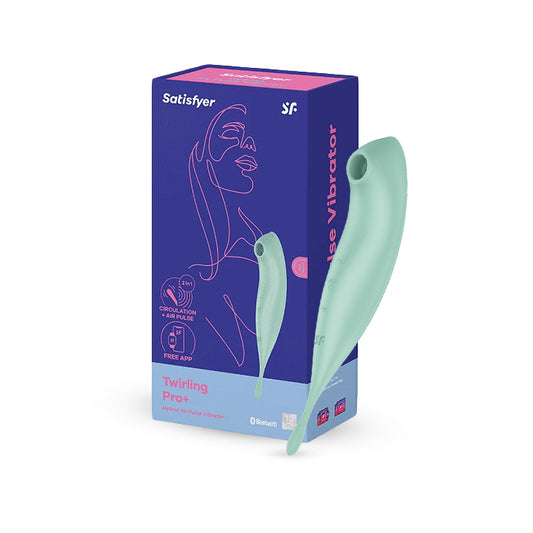 Satisfyer Twirling Pro+ mint vibrator shown with box packaging in deep blue.