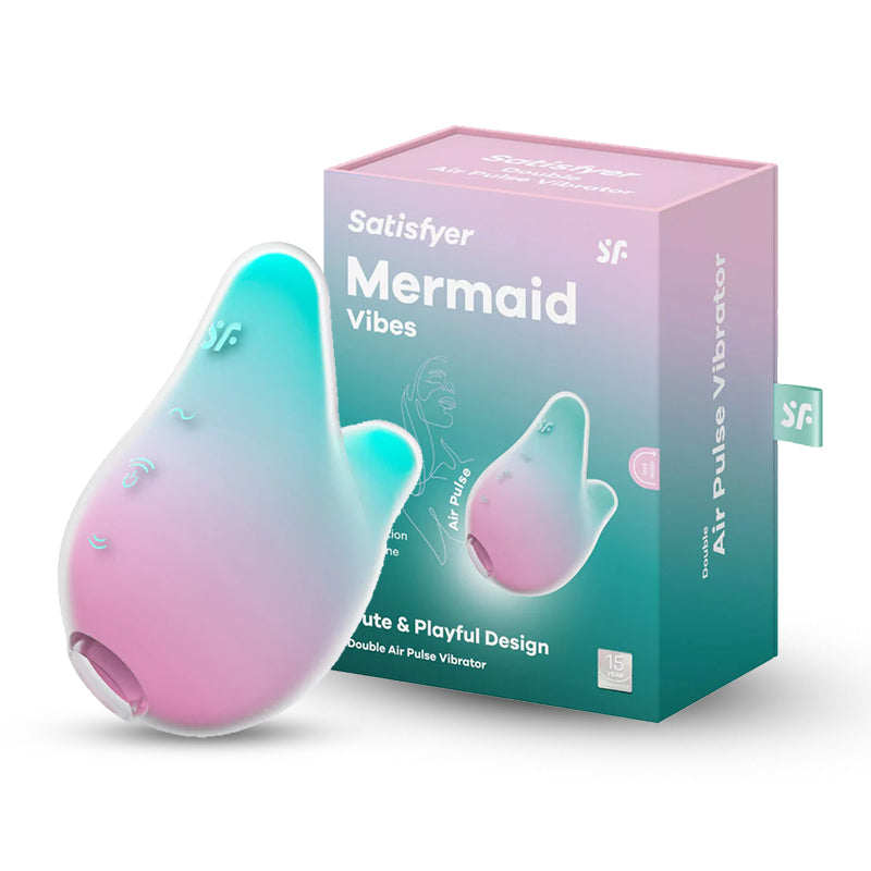 Satisfyer Mermaid Vibes lay-on vibrator in pastel gradient blue and pink with packaging box.