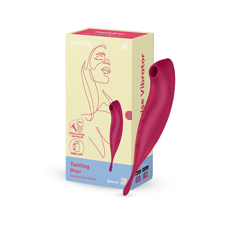 Satisfyer Twirling Pro+ Red vibrator shown with box packaging in deep blue.