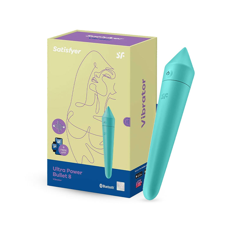 Satisfyer Ultra Power Bullet 8 in Turquoise with packaging box showing product details.