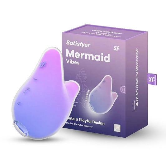 Satisfyer Mermaid Vibes lay-on vibrator in pastel gradient purple with packaging box.