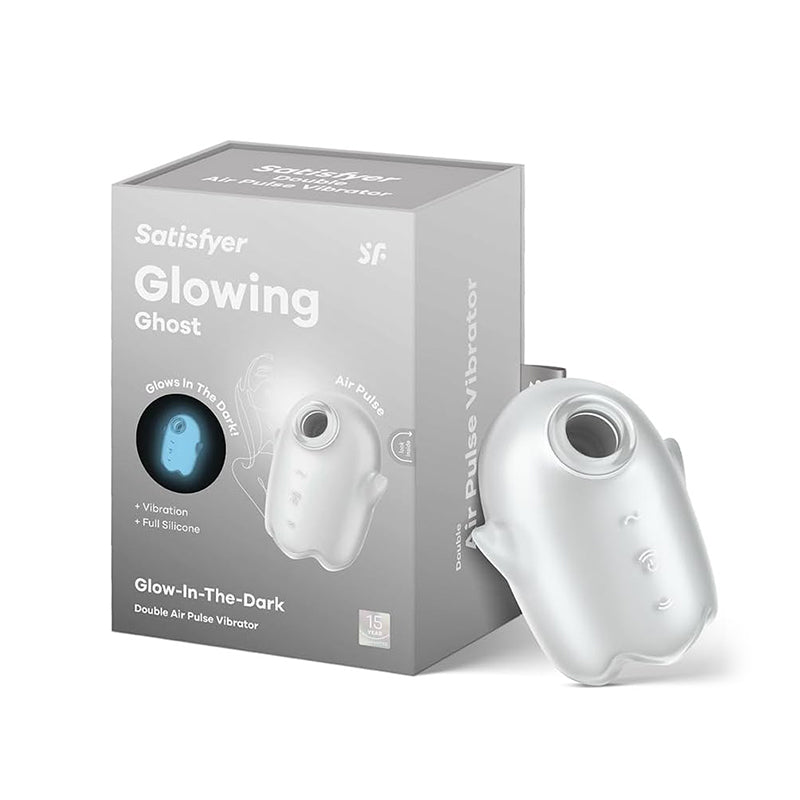 Satisfyer Glowing Ghost lay-on vibrator in white with glow-in-the-dark design and packaging box.