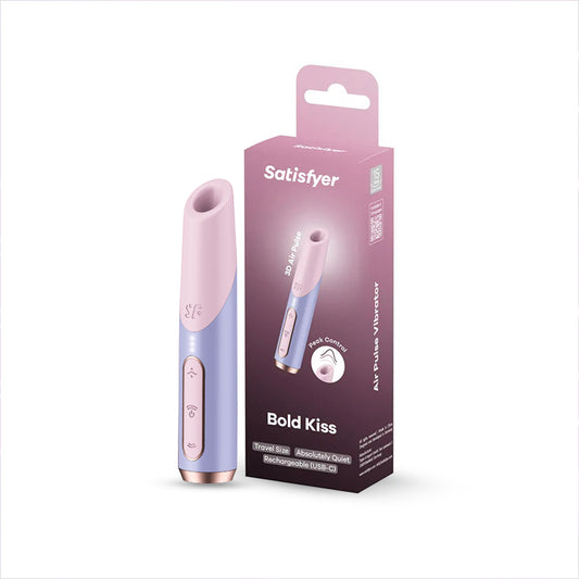 Pink and lavender Satisfyer Bold Kiss vibrator displayed upright beside its retail packaging box.