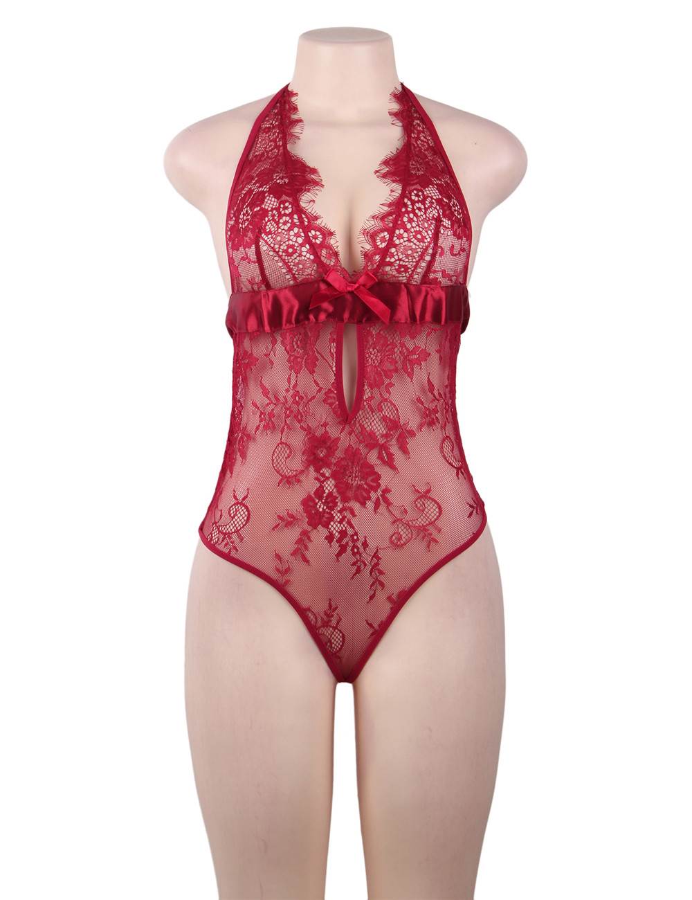 Teddy - 1 Pc Red Deep V Backless Exquisite Lace Sleepwear