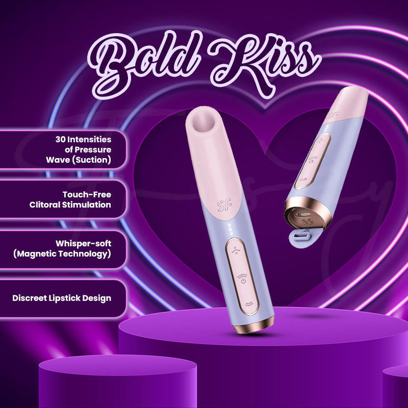 Satisfyer Bold Kiss shown on purple background with highlighted product features and details.