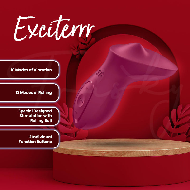 Close-up view of Exciterrr lay-on vibrator showing rolling ball stimulation design.