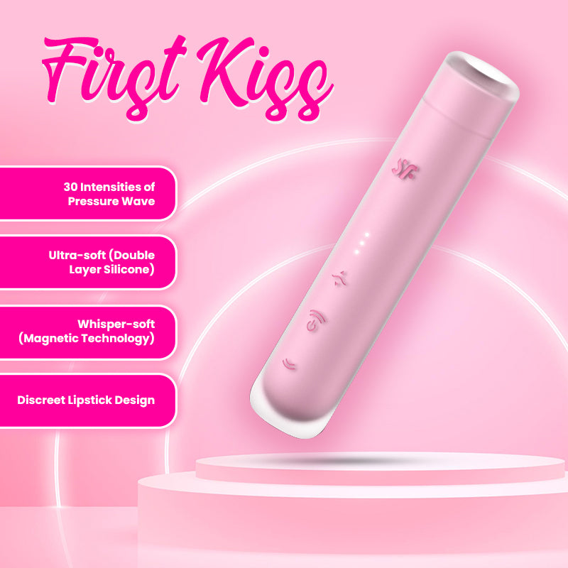 Pink Satisfyer First Kiss shown with text highlighting key features and specifications.