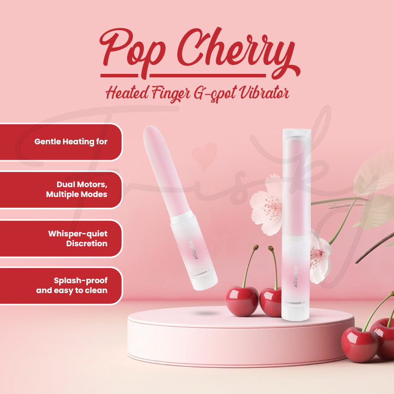 Pop Cherry vibrator showcasing dual motors, heating function, whisper-quiet performance and splashproof.