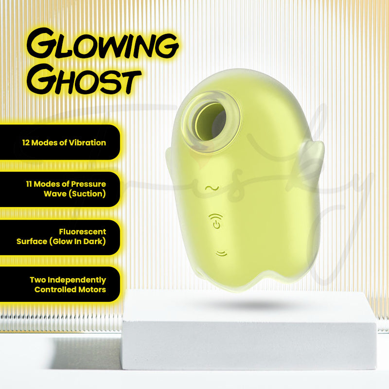 Glowing Ghost neon vibrator displayed on clear stand with text highlighting main product features.