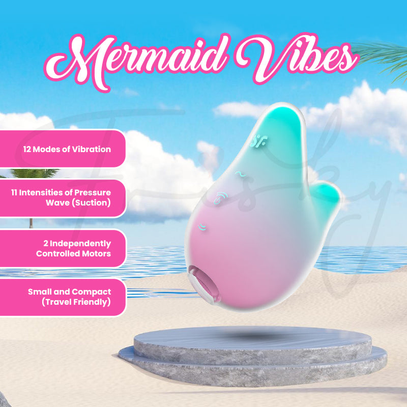 Mermaid Vibes pastel vibrator on stone surface with text highlighting product key features.