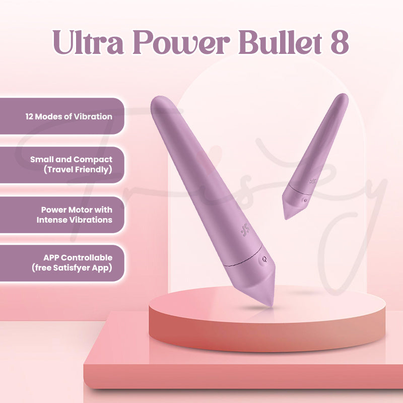 Lilac Satisfyer Ultra Power Bullet 8 displayed upright with key features listed on the side.