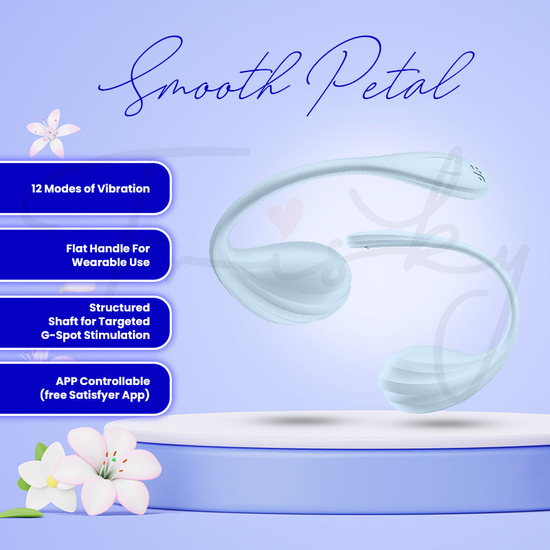 Satisfyer Smooth Petal showcased on soft purple background with key product features listed clearly.