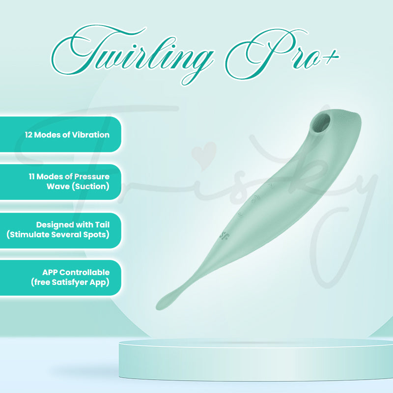 Satisfyer Twirling Pro+ mint vibrator with feature highlights displayed on soft gradient background.