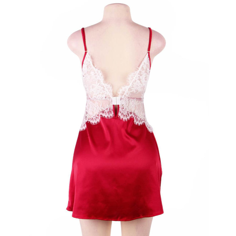 Babydoll - 1 Pc Sexy Satin Lace Stitching Open Back Sleepwear