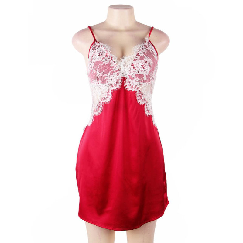 Babydoll - 1 Pc Sexy Satin Lace Stitching Open Back Sleepwear