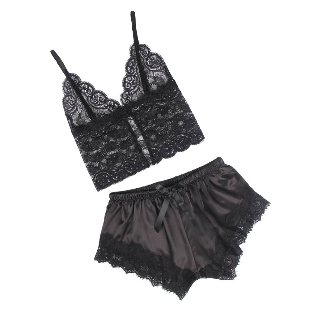 Cami Set - 2 Pcs Silk Lace Camisole Black Sleepwear