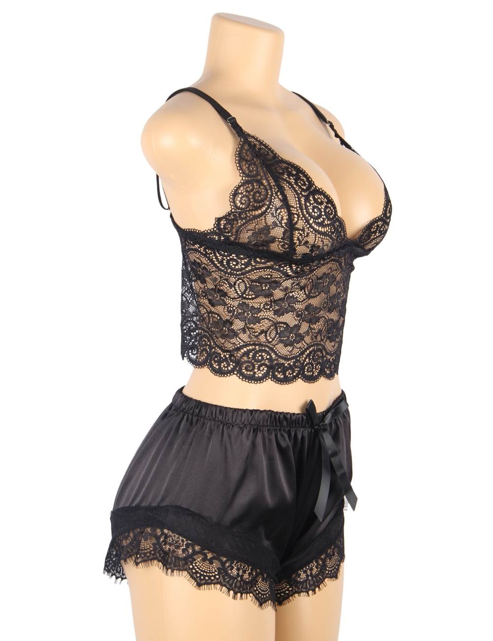 Cami Set - 2 Pcs Silk Lace Camisole Black Sleepwear