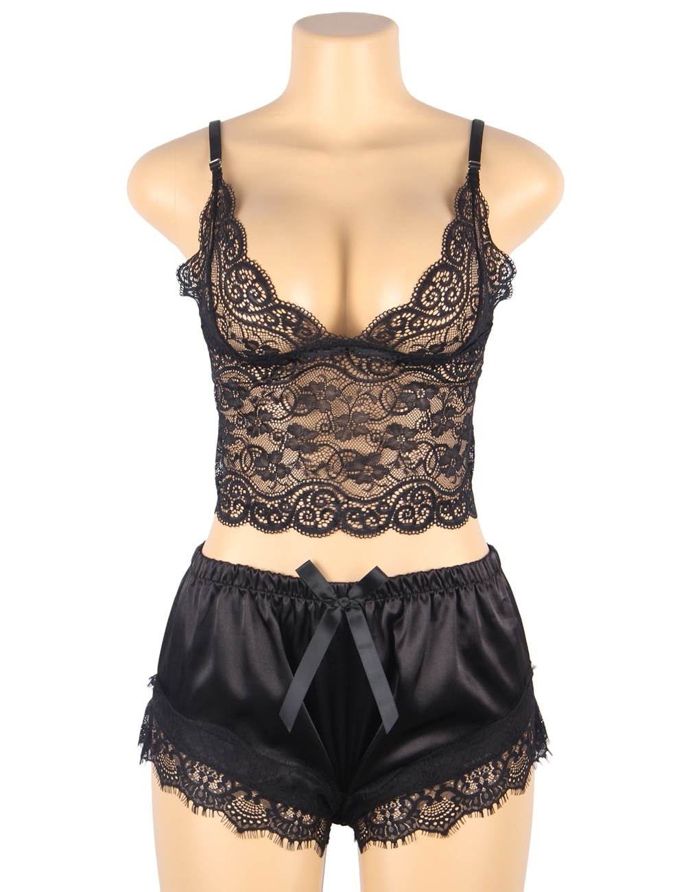 Cami Set - 2 Pcs Silk Lace Camisole Black Sleepwear