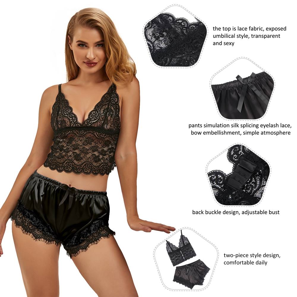 Cami Set - 2 Pcs Silk Lace Camisole Black Sleepwear