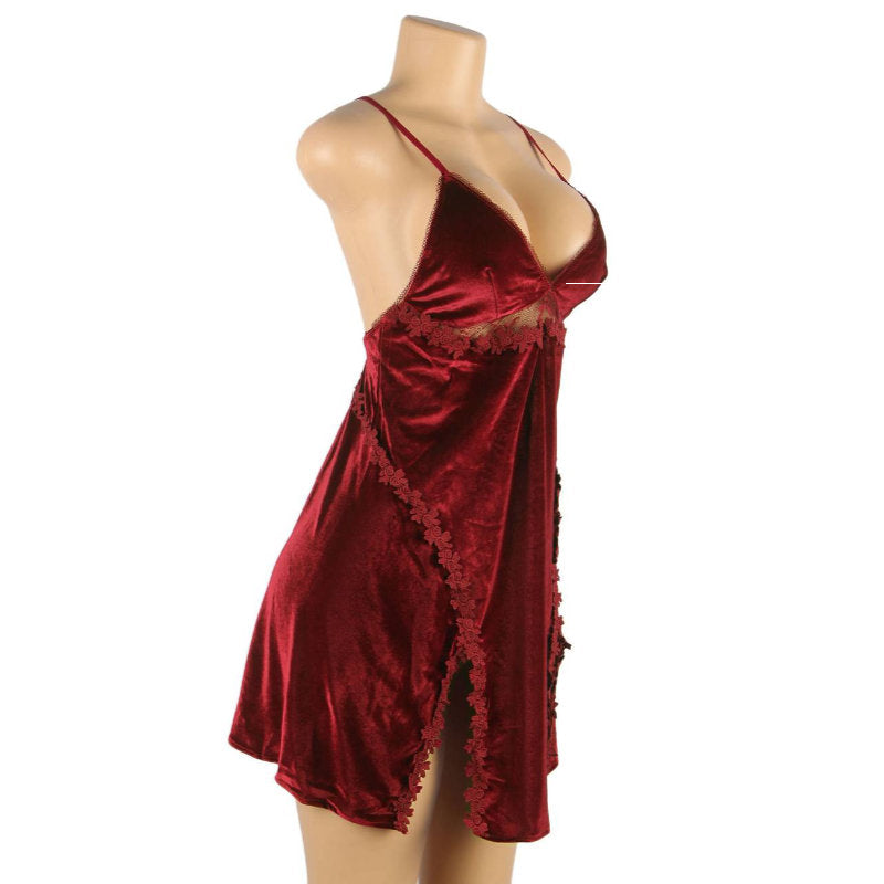 Babydoll - 2 Pcs Velour Embroidery Sleepwear With G String