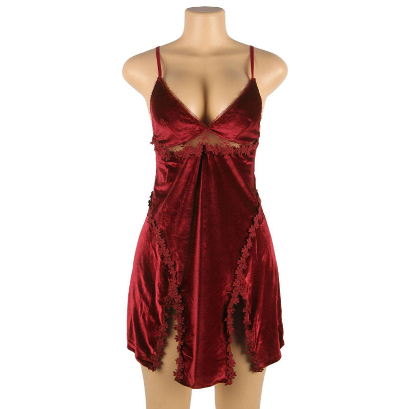 Babydoll - 2 Pcs Velour Embroidery Sleepwear With G String