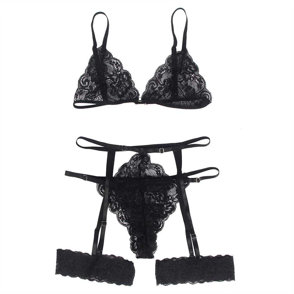 Bra Set - 2 Pcs Lace Hollow Out Bra Set with Garter Leg Ring