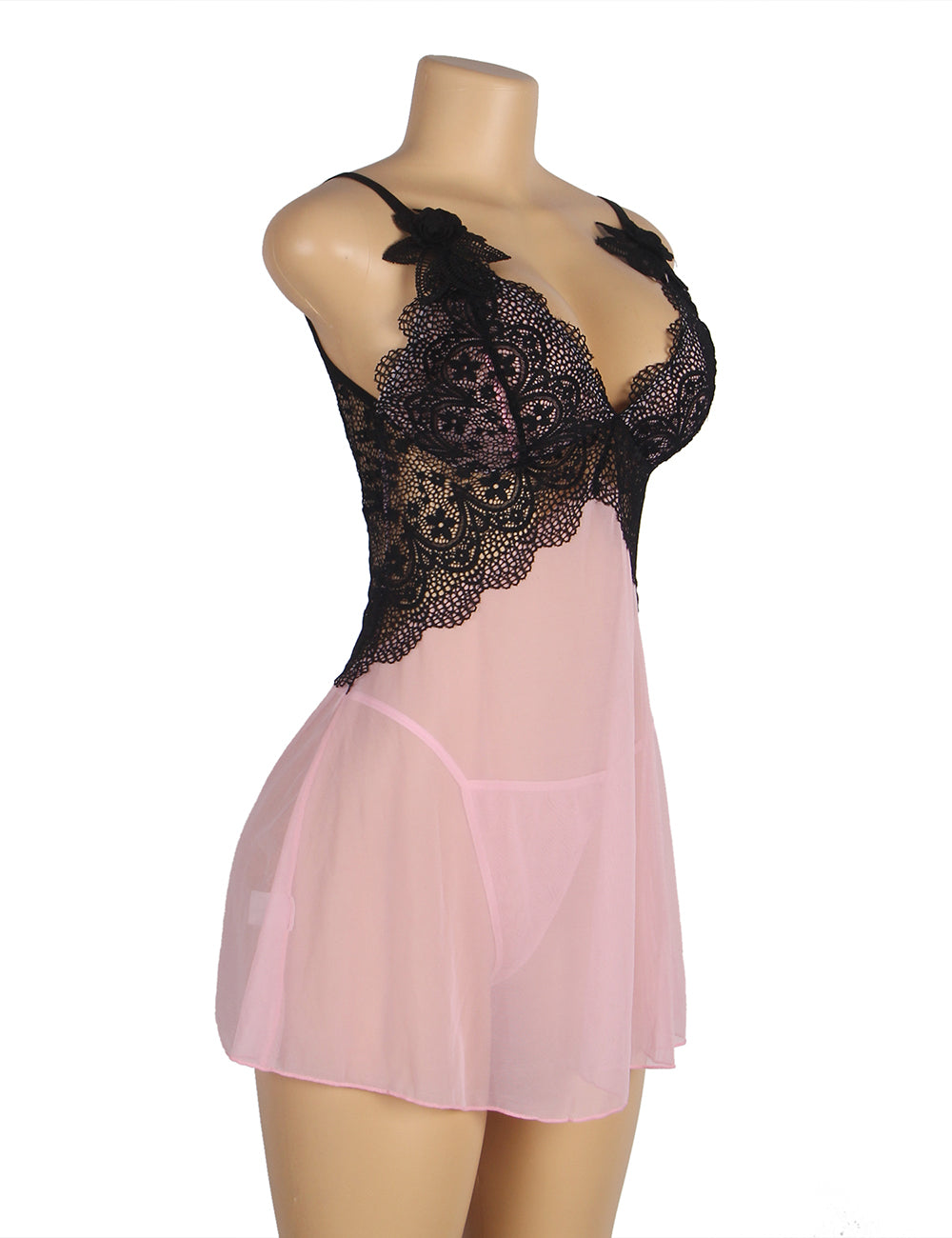 Babydoll - 2 Pcs V Neck Lace Stitching Strap with Flower Sleepwear