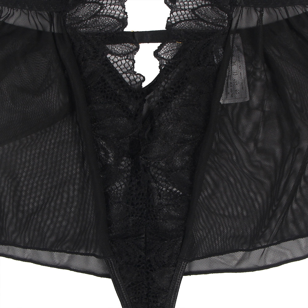 Teddy - 1 Pc Black Sexy Backless Floral Patterns Lingerie