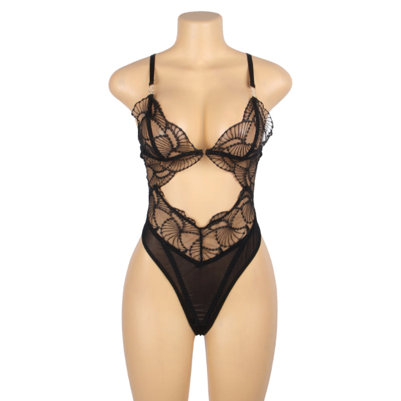 Teddy - 1 Pc Black Sexy Hollow Cut Lace Lingerie