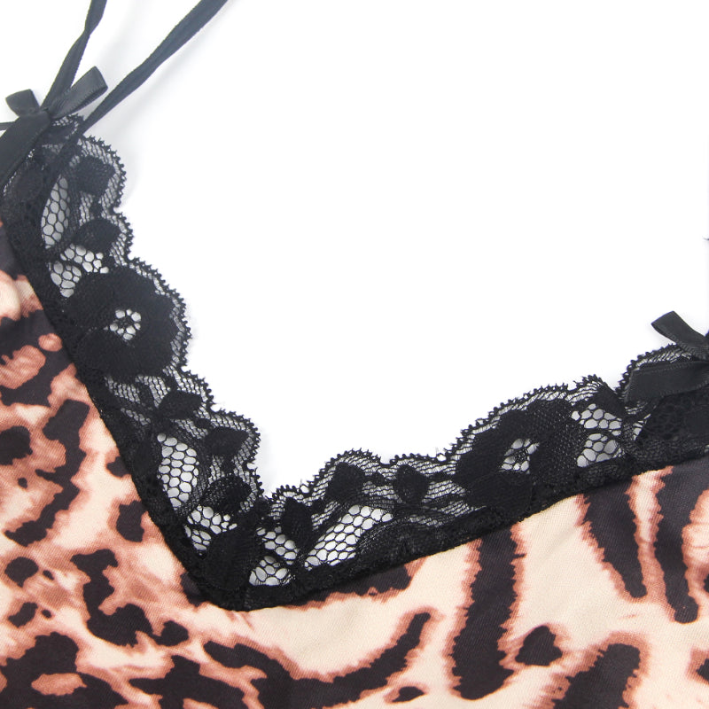 Babydoll - 2 Pcs Leopard Lace Floral Sexy Sleepwear