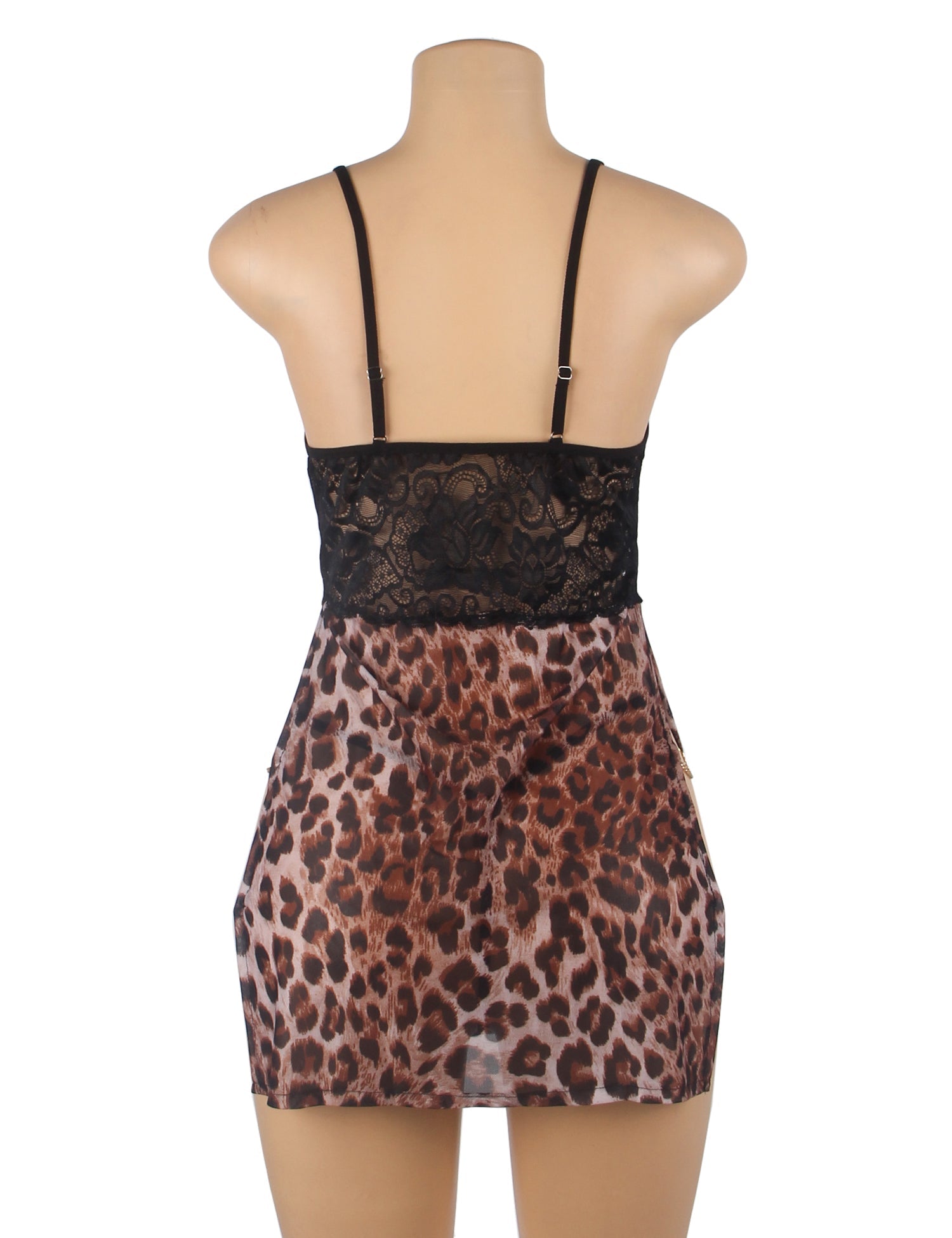 Babydoll - 2 Pcs Leopard Lace Side Slit Lingerie With Chains