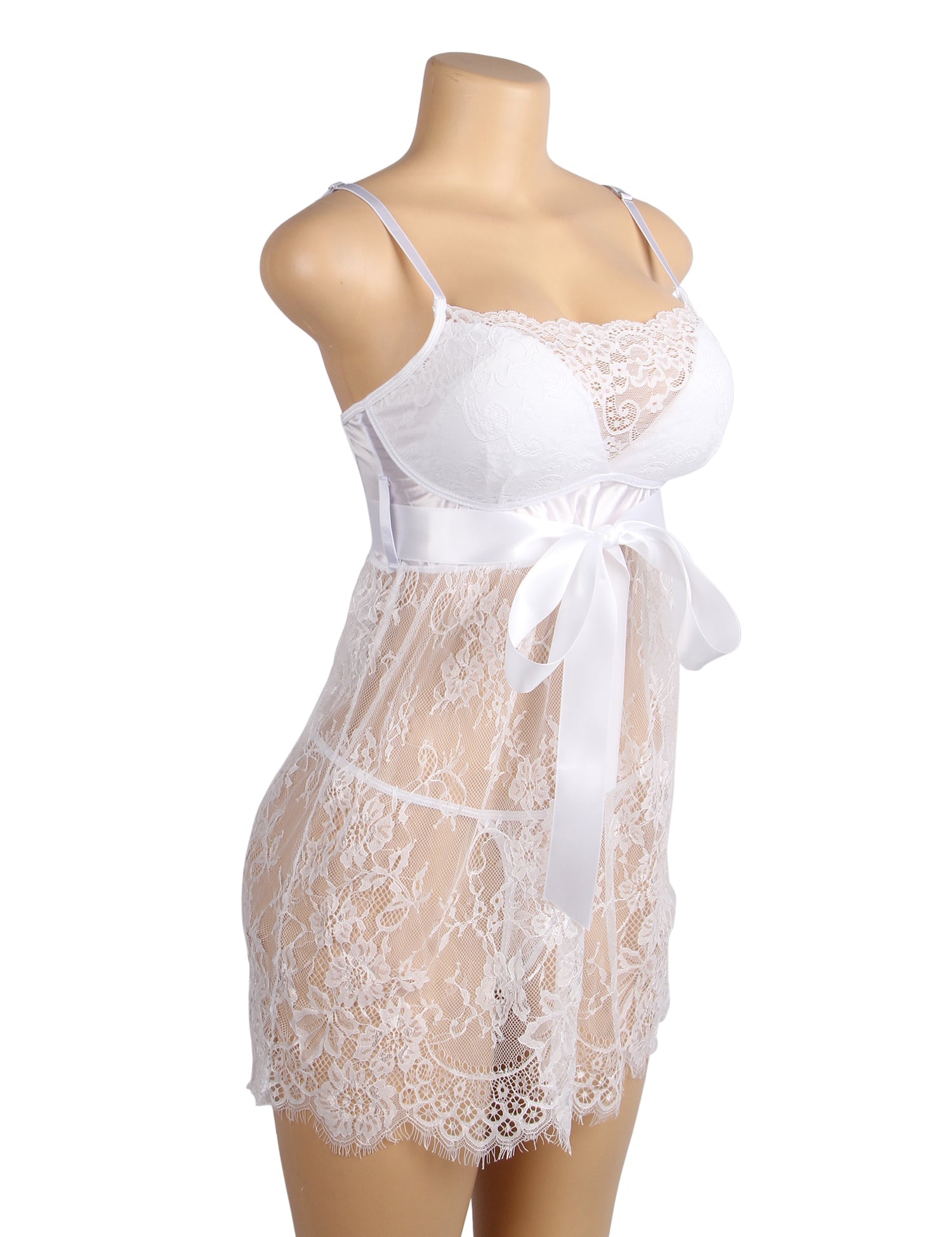 Babydoll - 3 Pcs Lace Sexy Push Up Sleepwear with Ribbon Belt