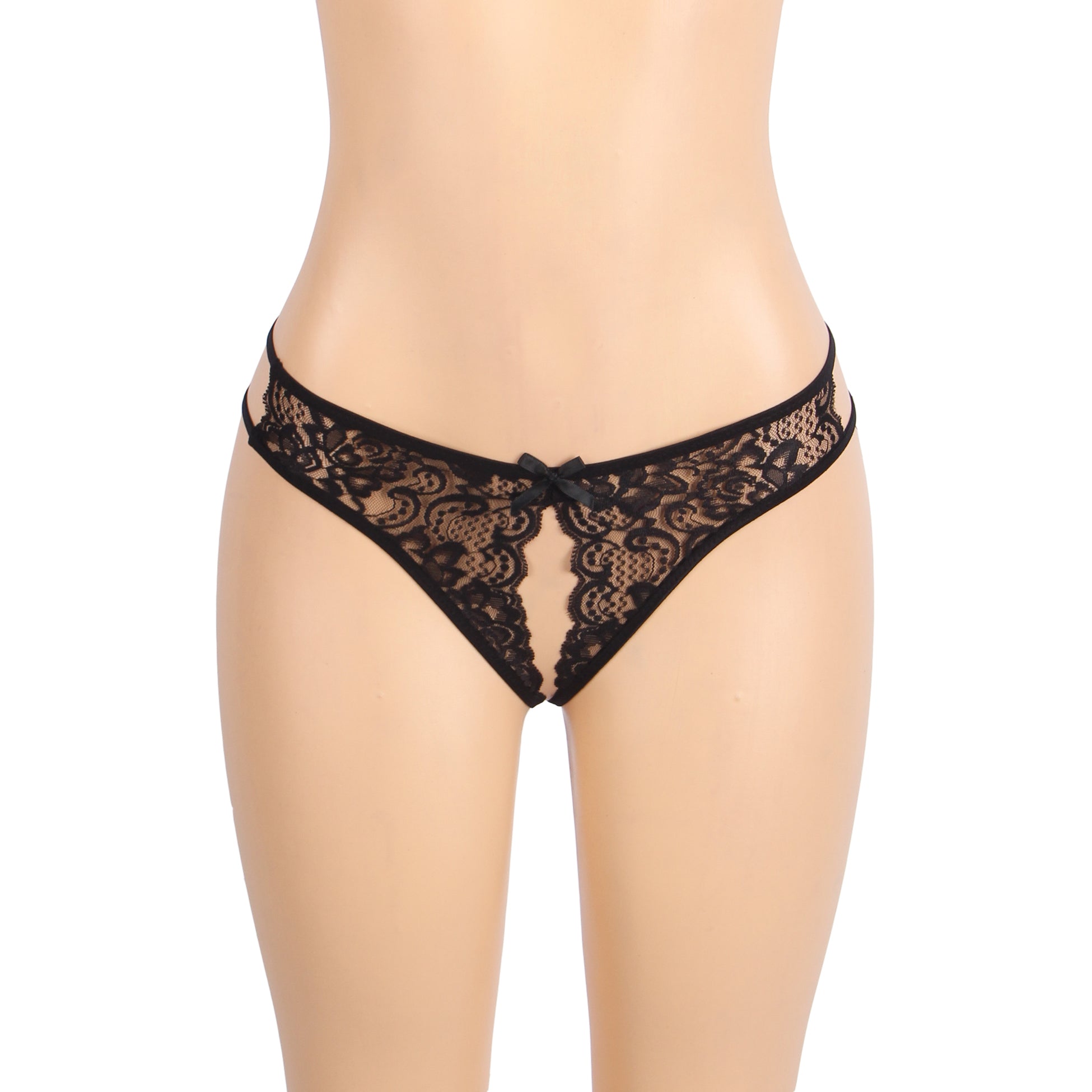 Panties - Black Sexy Open Crotch Lace Bow Ladies Underwear