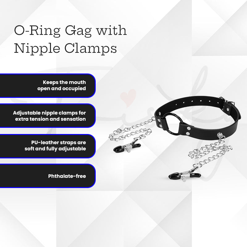 SHOTS Ouch! O-Ring Gag with Nipple Clamps - Black